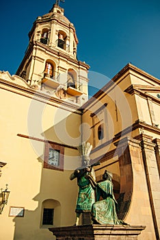 QUERETARO, MEXICO - FEBRUARY 2019 Queretaro city at the main cathedral church with native indian people statues.