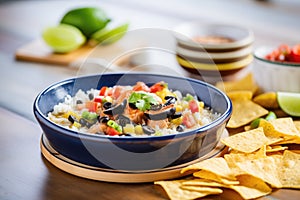 queso dip with black beans and corn, served with rice chips