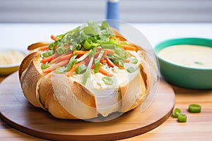 queso dip in a bread bowl with the lid on the side