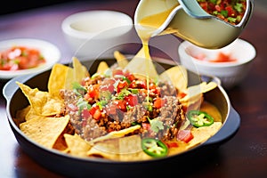 queso dip poured over nachos with ground beef