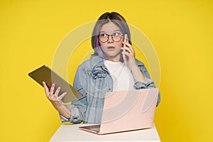 Quest For Information In Modern World, Girl Utilizes Laptop, Tablet Pc, And Mobile Phone To Conduct Online Research And