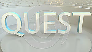 QUEST word in the center of a big maze. Conceptual 3D rendering