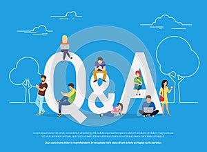 Question and answer concept illustration of young people standing near letters