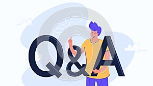 Question and answer concept vector illustration of happy man standing near letters Q and A