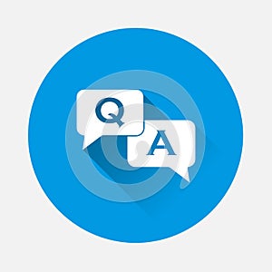 Question answer icon on blue background. Flat image speech bub