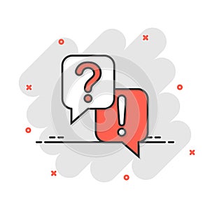 Question and answer icon in comic style. Dialog speech bubble cartoon vector illustration on white isolated background. Forum chat