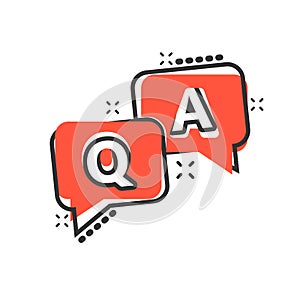 Question and answer icon in comic style. Discussion speech bubble vector cartoon illustration pictogram. Question, answer business photo