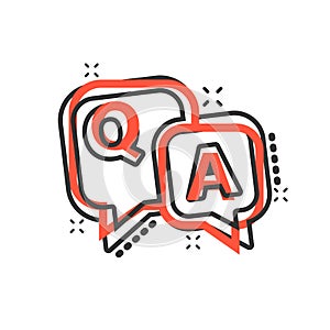 Question and answer icon in comic style. Discussion speech bubble vector cartoon illustration pictogram. Question, answer business