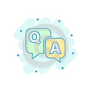 Question and answer icon in comic style. Discussion speech bubble vector cartoon illustration pictogram. Question, answer business