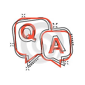 Question and answer icon in comic style. Discussion speech bubble vector cartoon illustration pictogram splash effect