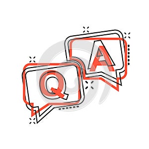 Question and answer icon in comic style. Discussion speech bubble vector cartoon illustration pictogram splash effect photo