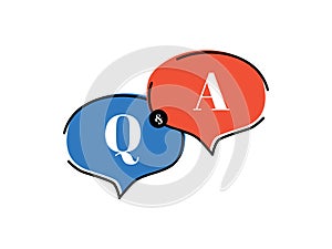 Question and answer line icon with q and a letter in thin black line, solid, and blue and yellow speak bubble.