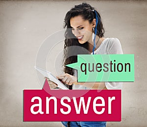 Question Answer Tablet Lady Casual Concept