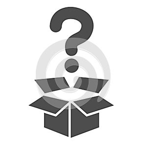 Question and box solid icon, delivery concept, carton box with question mark sign on white background, Open cardboard