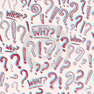 Question exclamation mark Seamless pattern.. Doodle style. Collection of icons and signs Why. Engraved hand drawn sketch