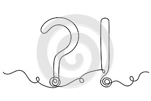 Question and exclamation marks one line art, hand drawn asking and admiration signs, continuous contour. Query FAQ concept,
