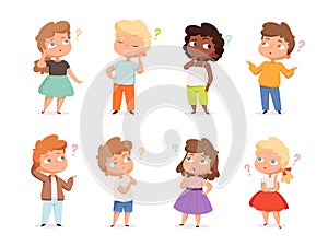 Question expression kids. Little genius high iq teenagers with question marks thinking vector illustrations