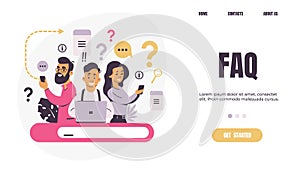 Question landing page. FAQ. People ask frequent questions. Men and women finding information in internet. Help forum and photo