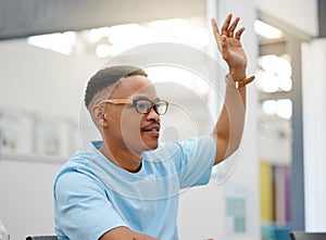 Question, learning and black man raise hand for education, knowledge growth and answer in a lecture. University student