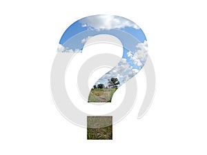 question mark of the alphabet made with landscape with cloud, blue sky, trees, sun, grass and moorland