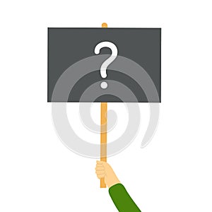 Question mark on black banner on white background in hand vector illustration. Ask or business concept. Interrogation