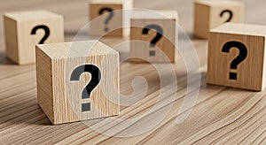 Question mark blocks wooden cubes uncertainty problem solving decision making answer solution knowledge learning education quiz te