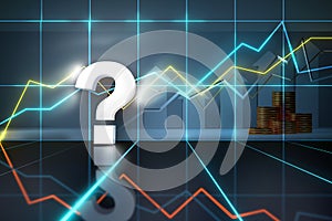 Question mark sign. Idea analytics trend prognosis or stock prediction problem concept. neon light question mark in virtual market photo