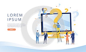 Question mark. Business people asking questions around a huge question mark in computer. Vector web banner illustration