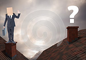 Question mark and Businessman standing on Roofs with chimney and cardboard box on his head and drama