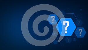 Question mark concept on blue background, digital hexagon question mark background