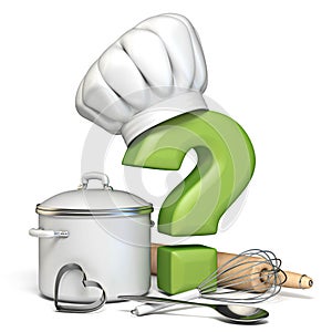 Question mark with cooking hat and kitchen utensils 3D