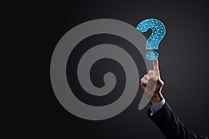 Question mark. 3d abstract on dark background with dots and stars. Ask symbol. Help support, faq problem symbol, think education