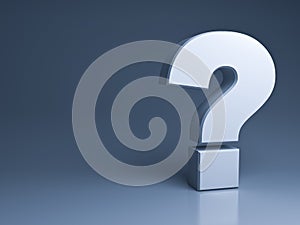 Question mark on dark grey background with shadow and reflection