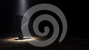 Question mark in dark room, surprise concept background 3d render