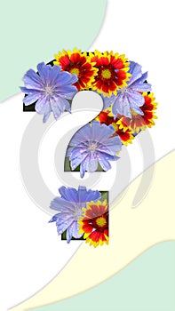 Question mark filled with blue and yellow-red summer flowers with drops of dew on them in vertical smartphone format