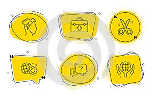 Question mark, First aid and Seo gear icons set. Scissors, Mindfulness stress and Organic tested signs. Vector