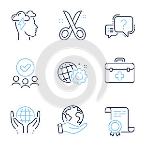 Question mark, First aid and Seo gear icons set. Scissors, Mindfulness stress and Organic tested signs. Vector