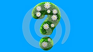 Question mark grass font with flower chamomile isolated on blue background. Concept of grassed question symbol. Metaphor for