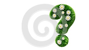 Question mark grass font with flower chamomile isolated on white background. Concept of grassed question symbol. Metaphor for