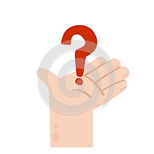 Question mark in hand. Advice and help. Solution to problem. Human palm.