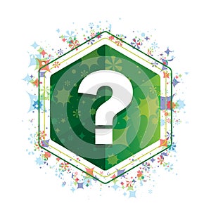 Question mark icon floral plants pattern green hexagon button