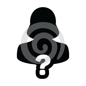 Question mark icon vector female person profile avatar symbol for help sign in a glyph pictogram
