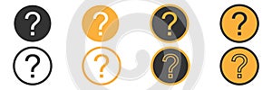 Question mark icons collection. Round help symbol on white background. Isolated faq set in black and yellow. Bold and outline