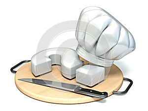 Question mark, kitchen board, chef`s hat and knife 3D