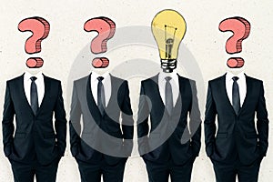 Question mark and lamp headed businessmen