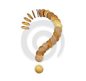 Question mark made of bitcoin dominoes isolated on white. Uncertain future of bitcoin concept