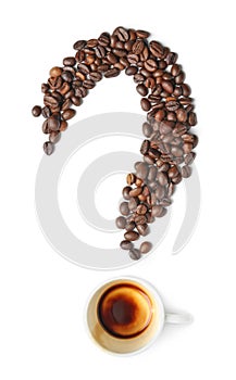 Question mark made of empty cup and coffee beans on white background