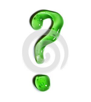 Question mark made from green gel, query isolated on white background. Aloe vera moisturizing fluid cream