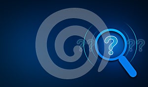 Question mark magnifying glass concept on blue background, digital question mark background