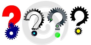 Question mark with mechanical gearing vector graphics illustration.